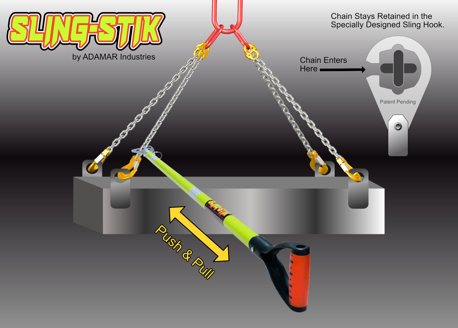 sling-stik is a no touch suspended load control tool that grabs onto chain, wire rope, synthetic slings, webbing, rope, cable, rebar, and provides safe hands free positioning of suspended loads