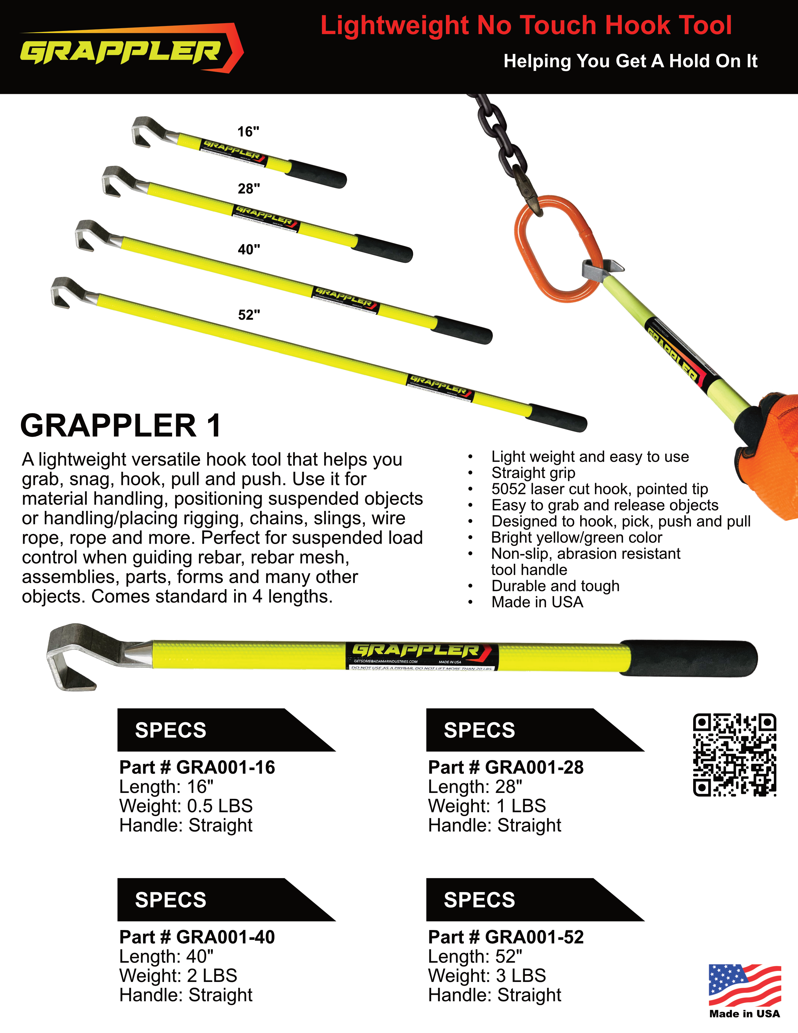 Grappler 1 - Hook Tool. Lightweight Hand Safety Tool Used To Hook, Pick,  Push, Pull, Guide and Control. Material handling tools. Use It On Chain,  Wire Rope, Suspended Loads, Rigging, Pipes, Chain
