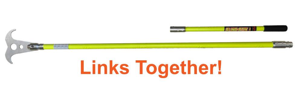sling-stik link is a rigid, link-together, long reach no touch suspended load control tool that grabs onto chain, wire rope, synthetic slings, webbing, rope, cable, rebar, and provides safe hands free positioning of suspended loads