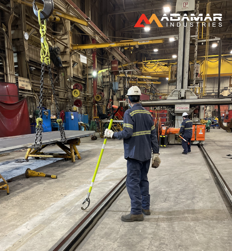sling-stik is a no touch suspended load control tool that grabs onto chain, wire rope, synthetic slings, webbing, rope, cable, rebar, and provides safe hands free positioning of suspended loads