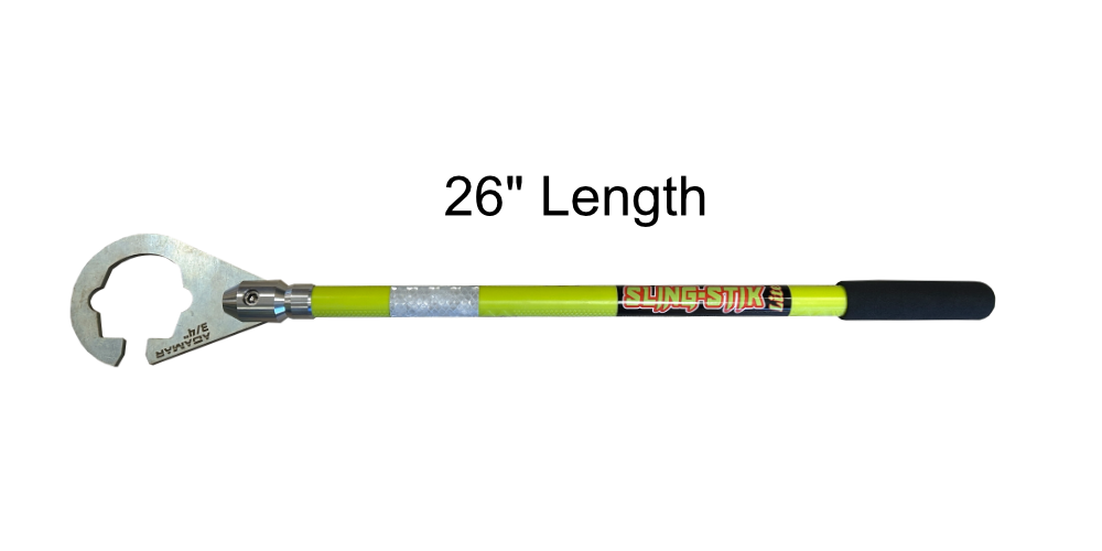 sling-stik lite is a lightweight no touch suspended load control tool that grabs onto chain, wire rope, synthetic slings, webbing, rope, cable, rebar, and provides safe hands free positioning of suspended loads